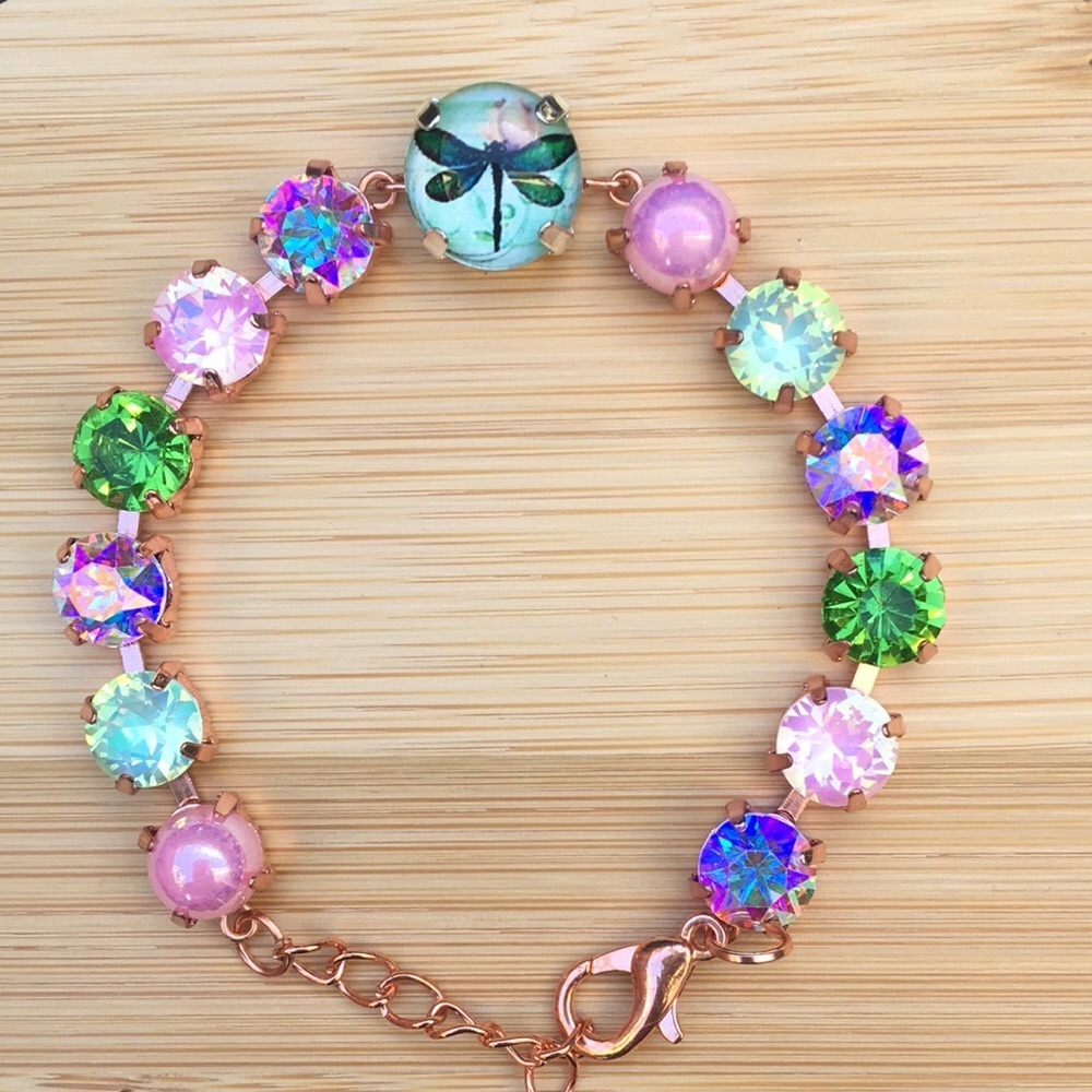 Pink Opal Aurora Borealis + Peridot Dragonfly Charm Crystal Tennis Bracelet - Picture 14 of 16